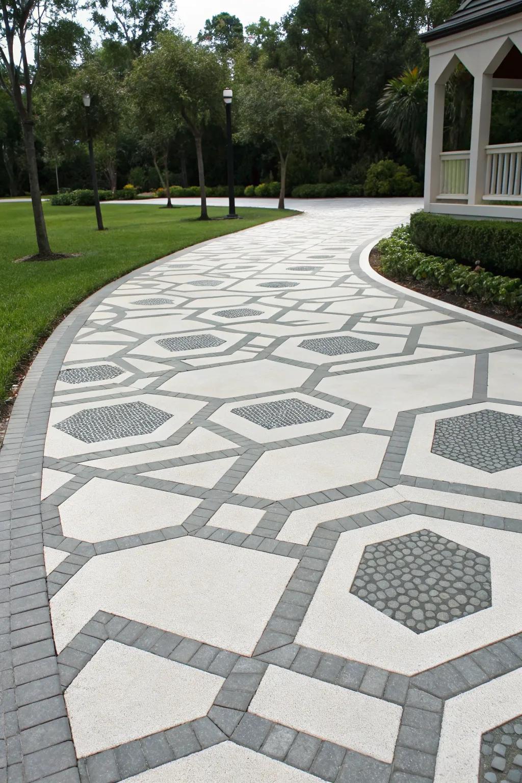 A driveway highlighted by geometric designs for a contemporary impression.