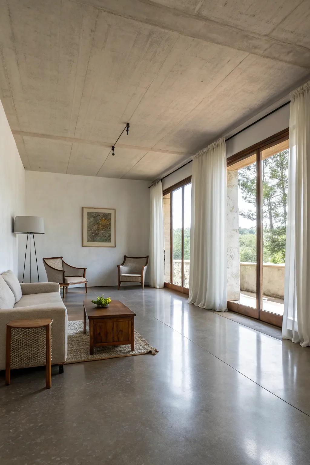 A minimalist interior showcases polished concrete floors and a neutral color scheme.