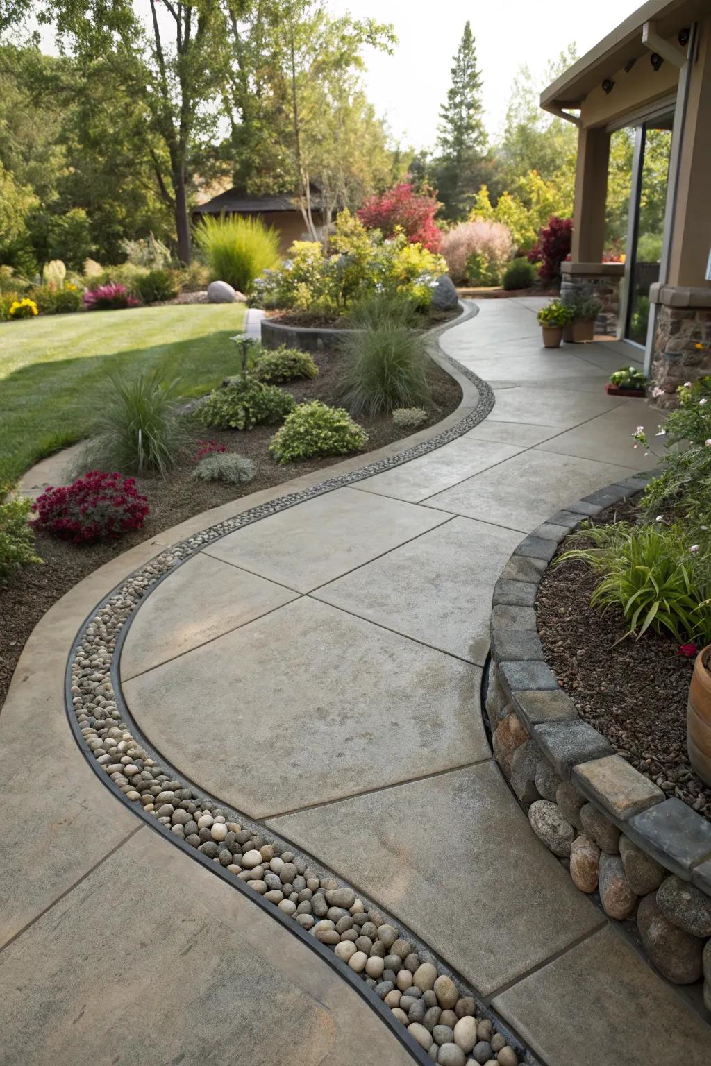 Curved stone borders impart a sense of flow and sophistication to a concrete patio.