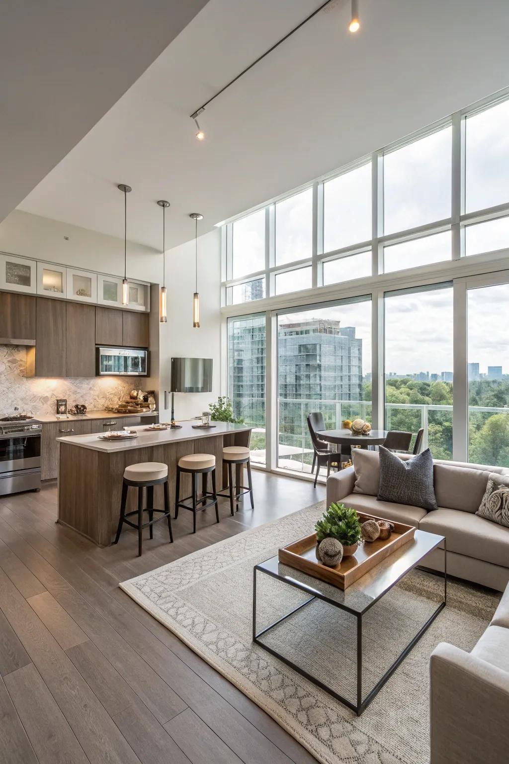 A condo with an open floor plan featuring a seamless blend of kitchen, dining, and living zones.