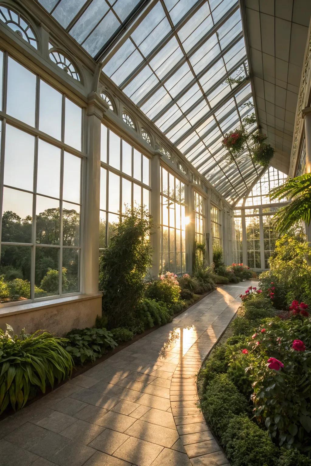 A gorgeous conservatory awash with sunlight through its expansive glass windows and ceiling.