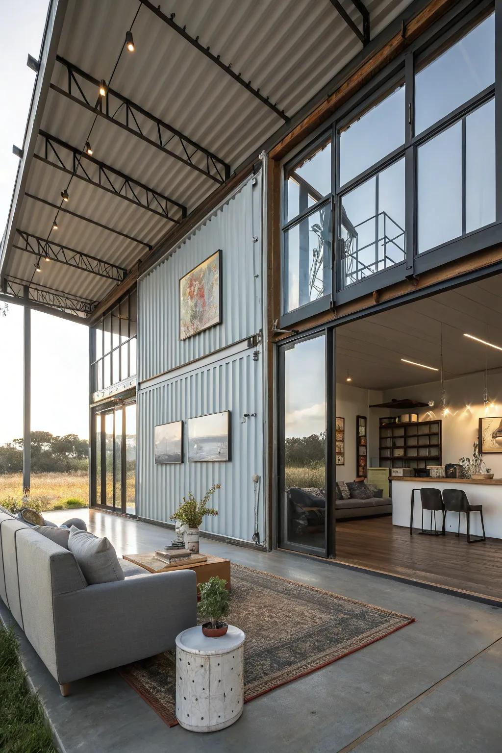 Open-concept living space within a container home featuring a smooth transition between inside and outside.