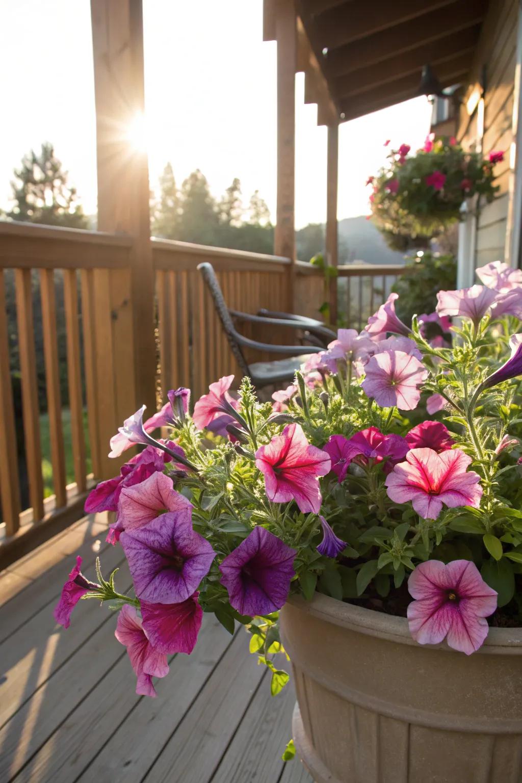 Petunias thriving beautifully under the sun's warmth.