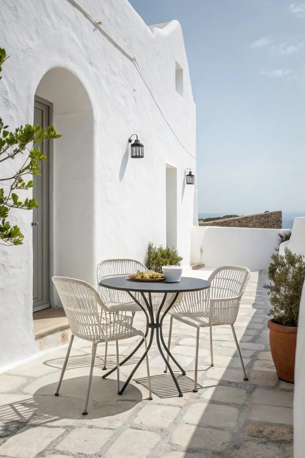 A minimalist patio featuring refined furniture and a peaceful ambiance.