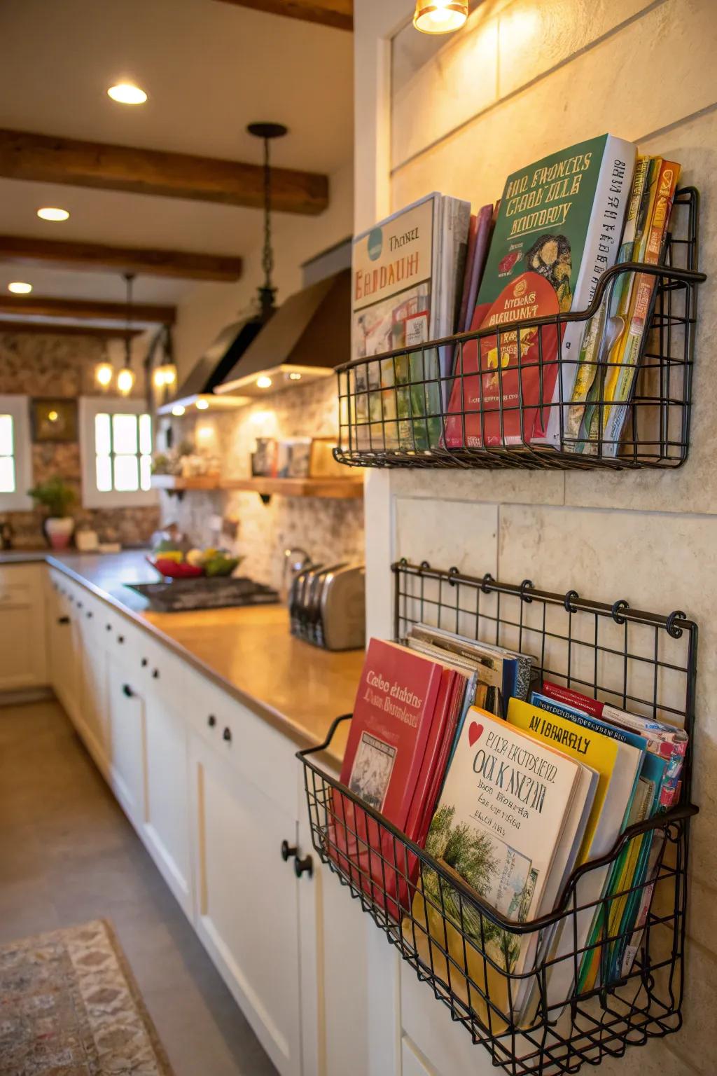 Wall-mounted wire baskets contribute an industrial accent to cookbook storage.