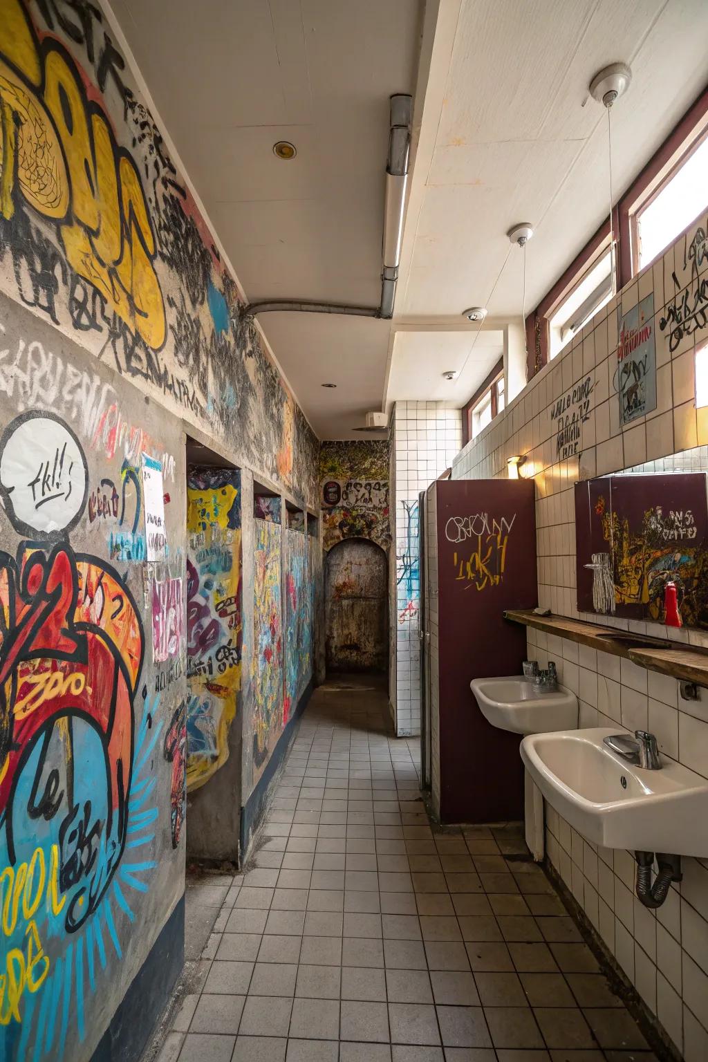 Incorporate a cutting-edge, urban feel to your restroom with graffiti and urban art.