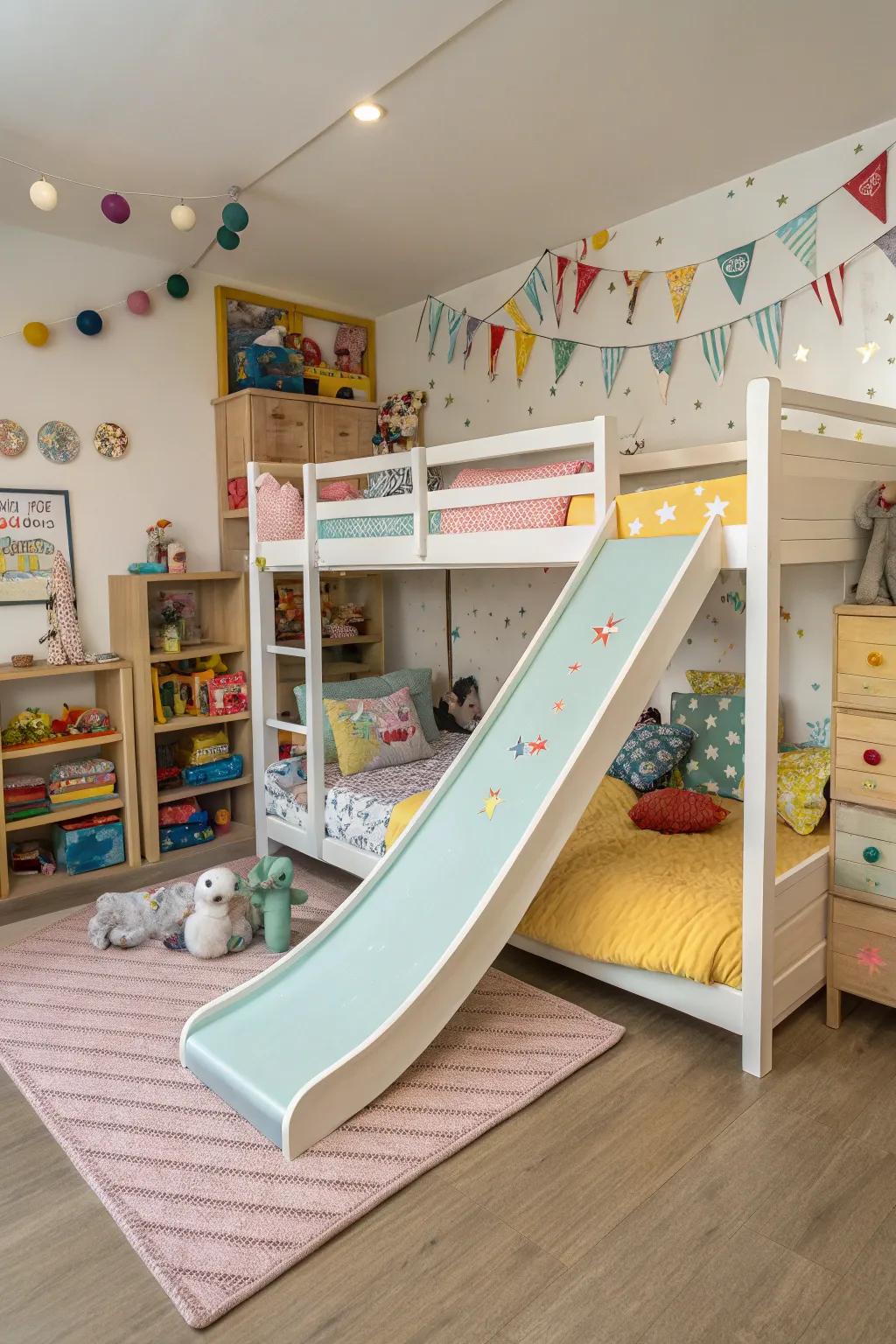 Bunk beds equipped with slides inject a playful element into any child's personal space.