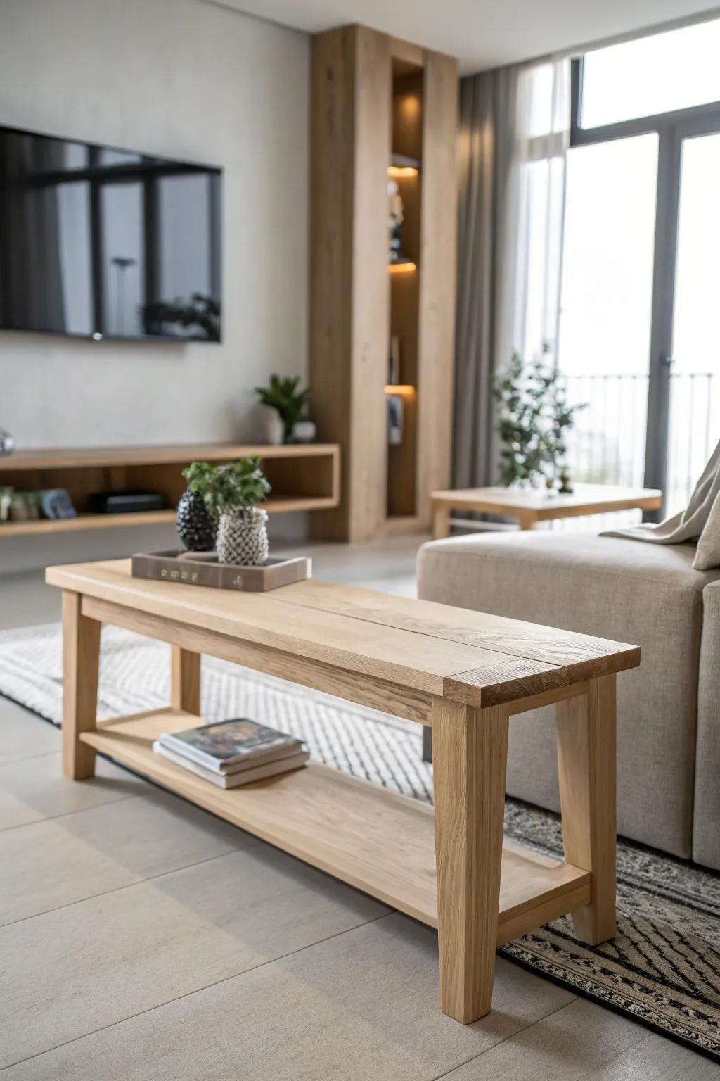A chic, minimalist timber bench enhancing the ambiance of a contemporary living space.