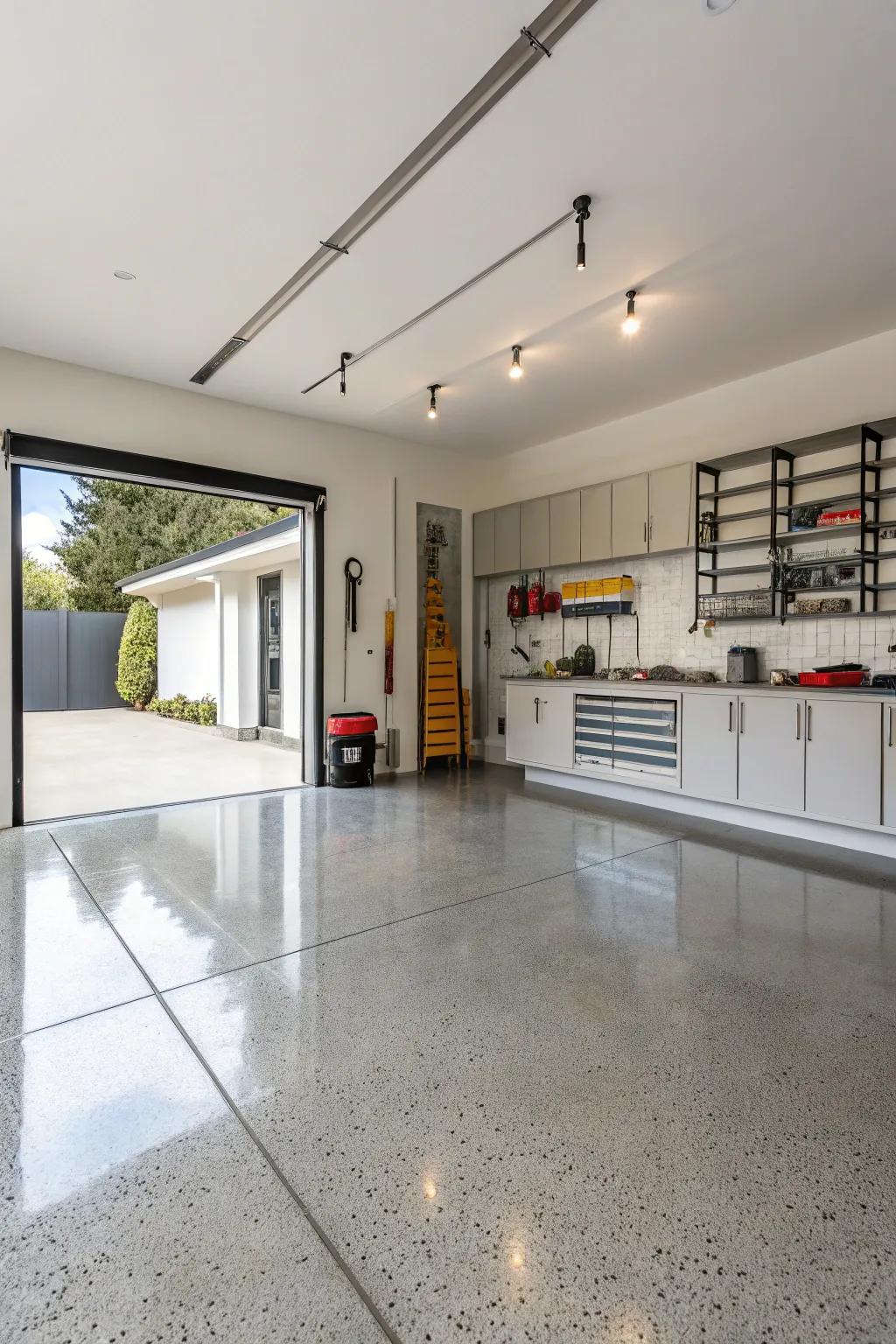 A minimalist garage design with polished floors and sleek storage solutions.