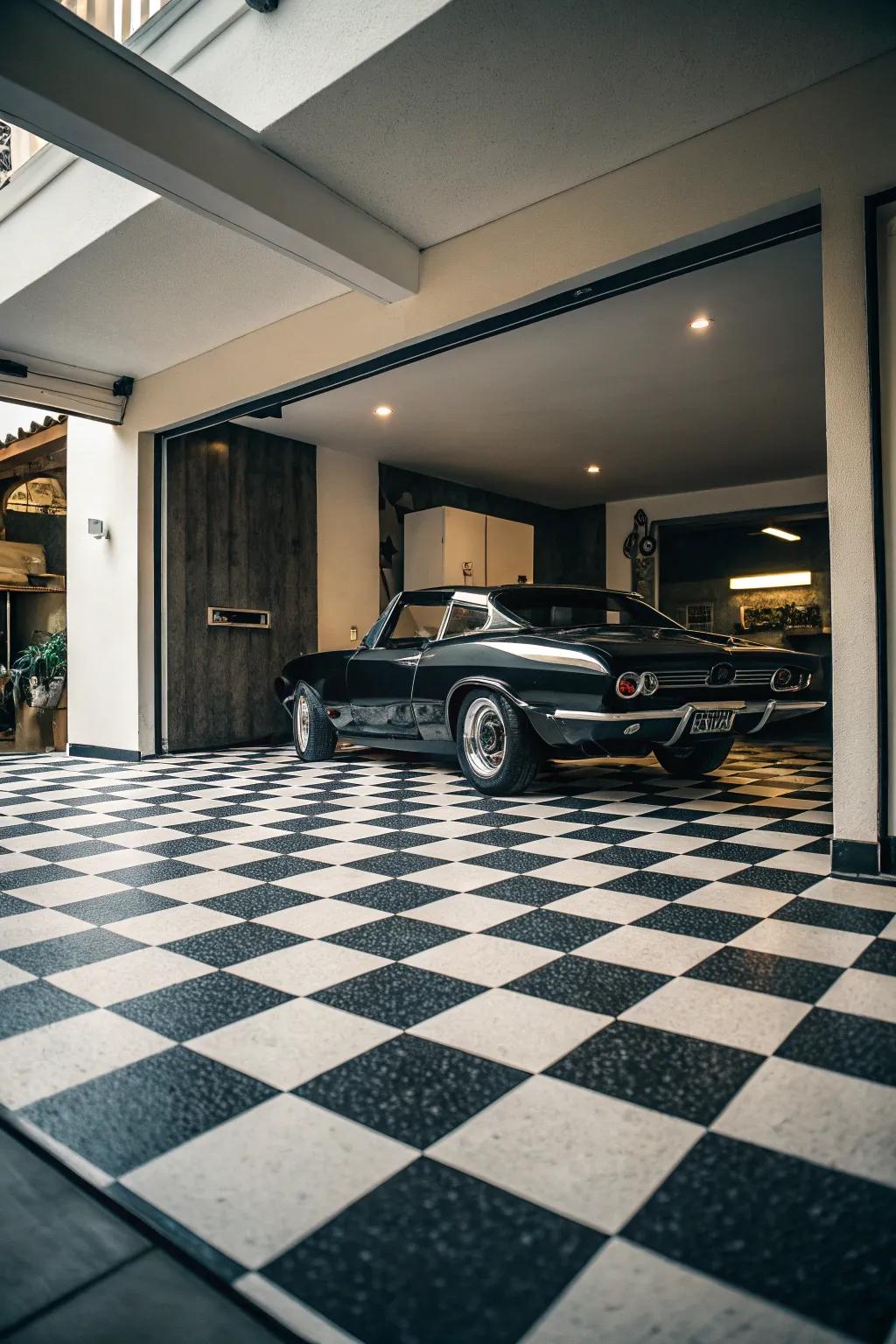 Classic black and white checkerboard flooring offers timeless elegance.