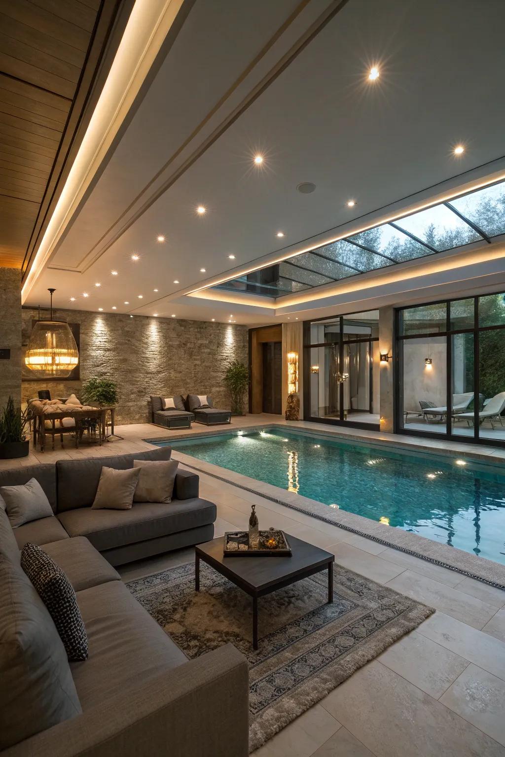 A peaceful indoor pool area made for the ultimate relaxation experience.