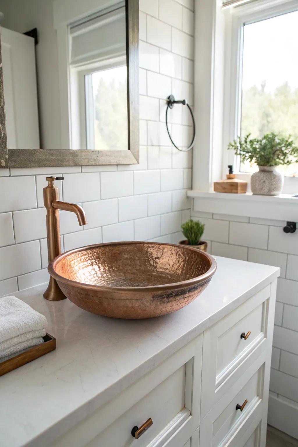 This bronze above-counter basin serves as an impressive work of art in a bright, minimalist bathroom.