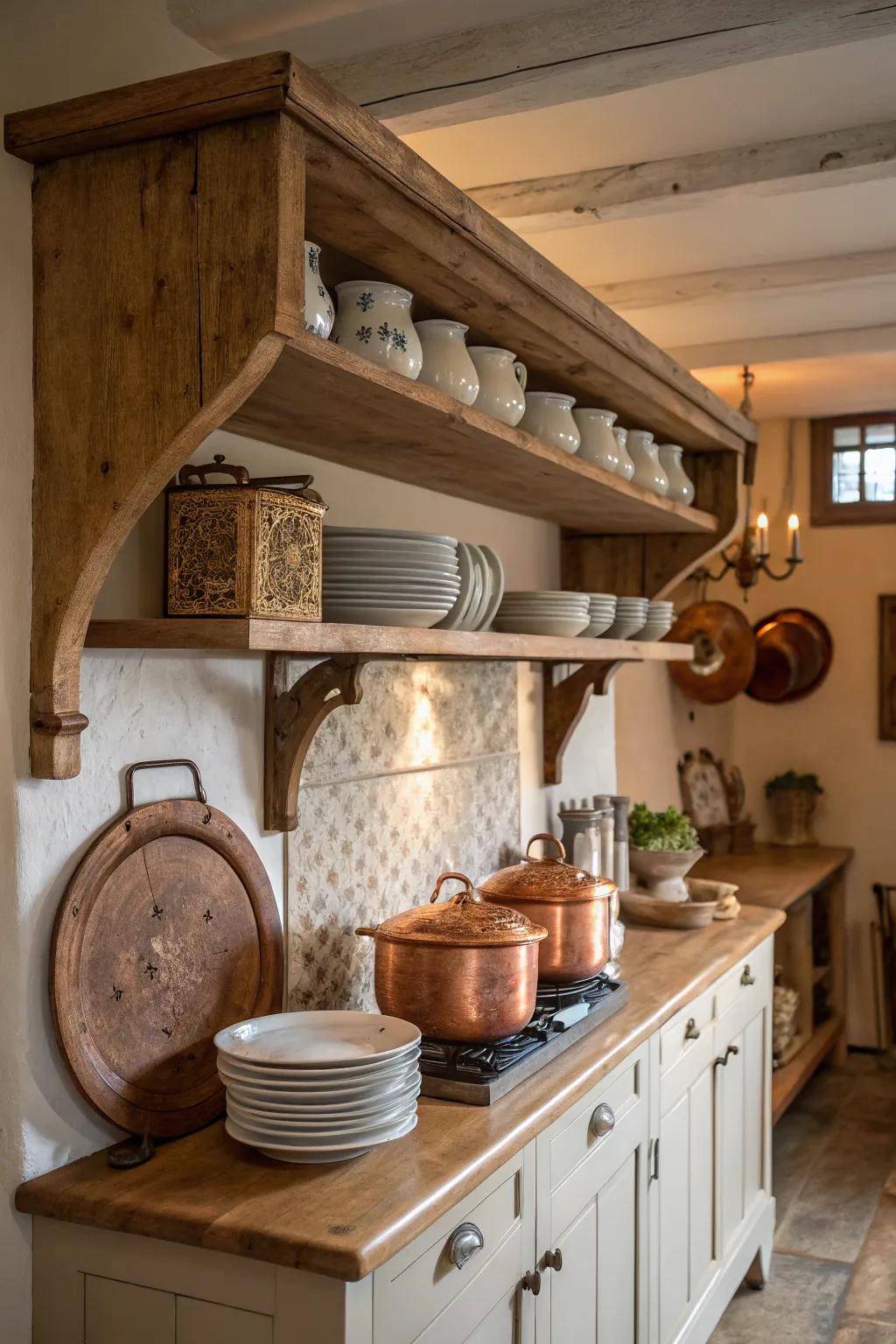 In the kitchen, wooden shelf supports create a rustic presentation.
