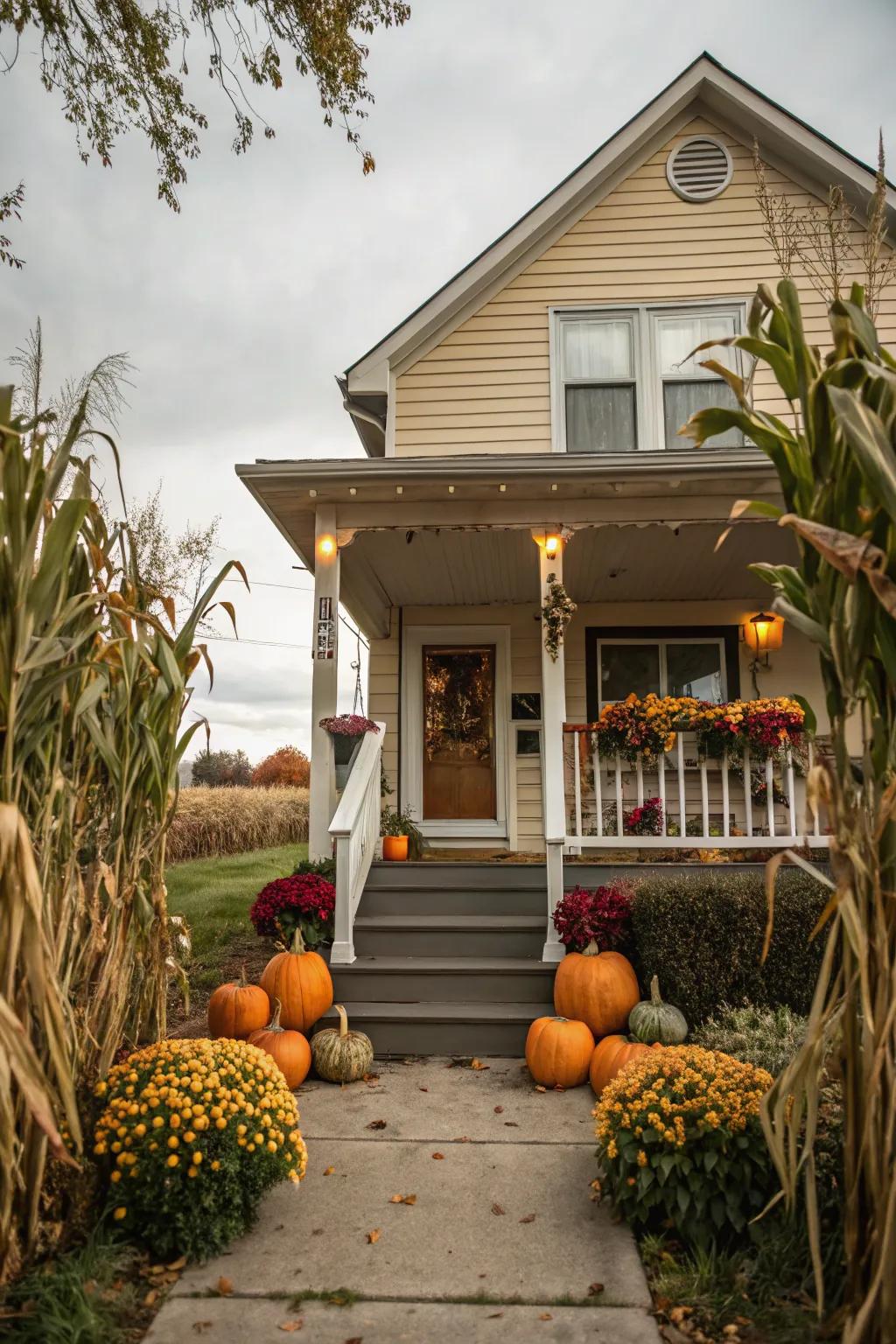 Construct an engaging and appealing entrance via dried corn stalks and autumnal embellishments.