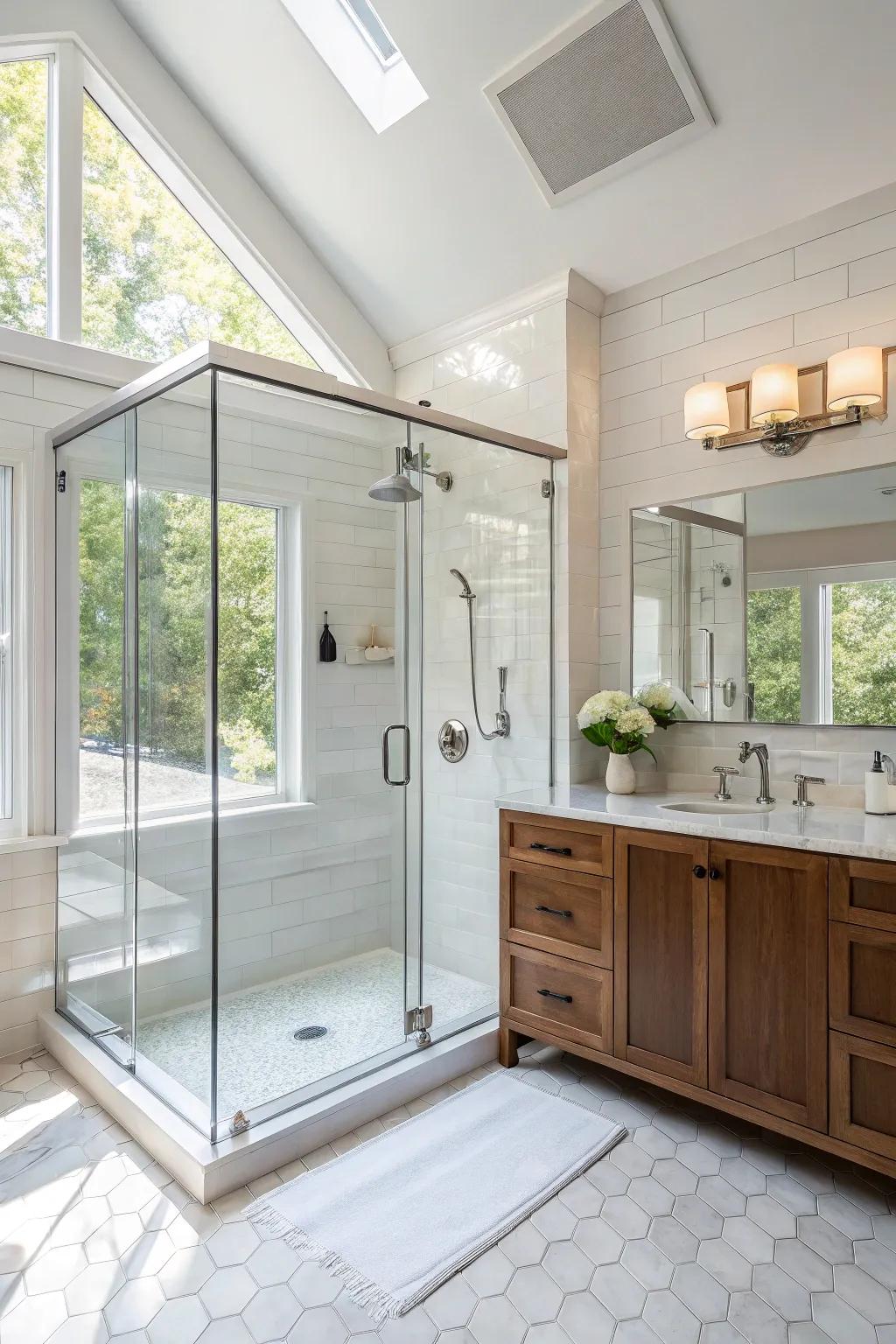 A corner shower featuring a glass enclosure makes the most of space and light.