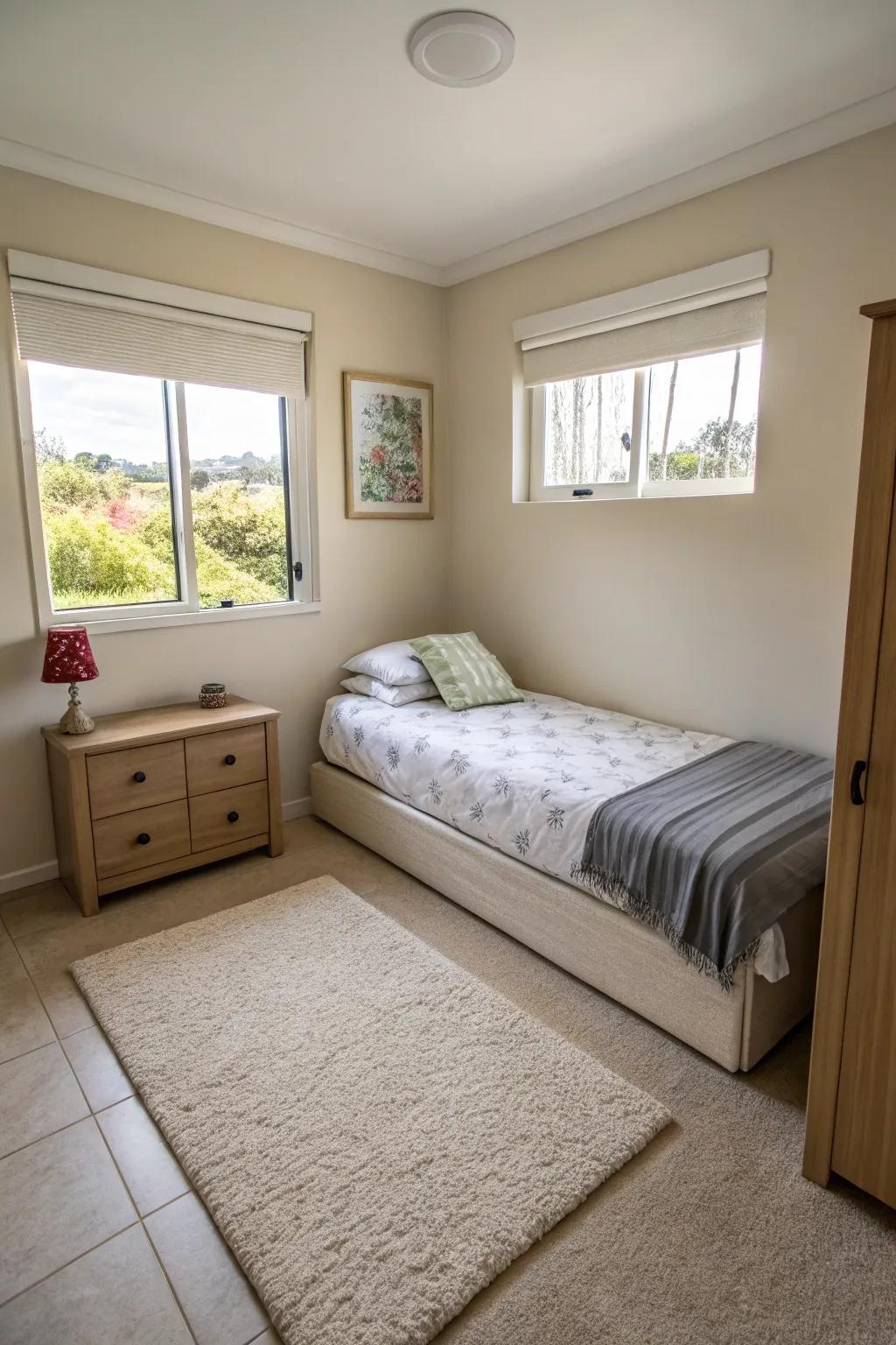 A corner bed arrangement maximizes floor space, creating a more spacious ambiance.