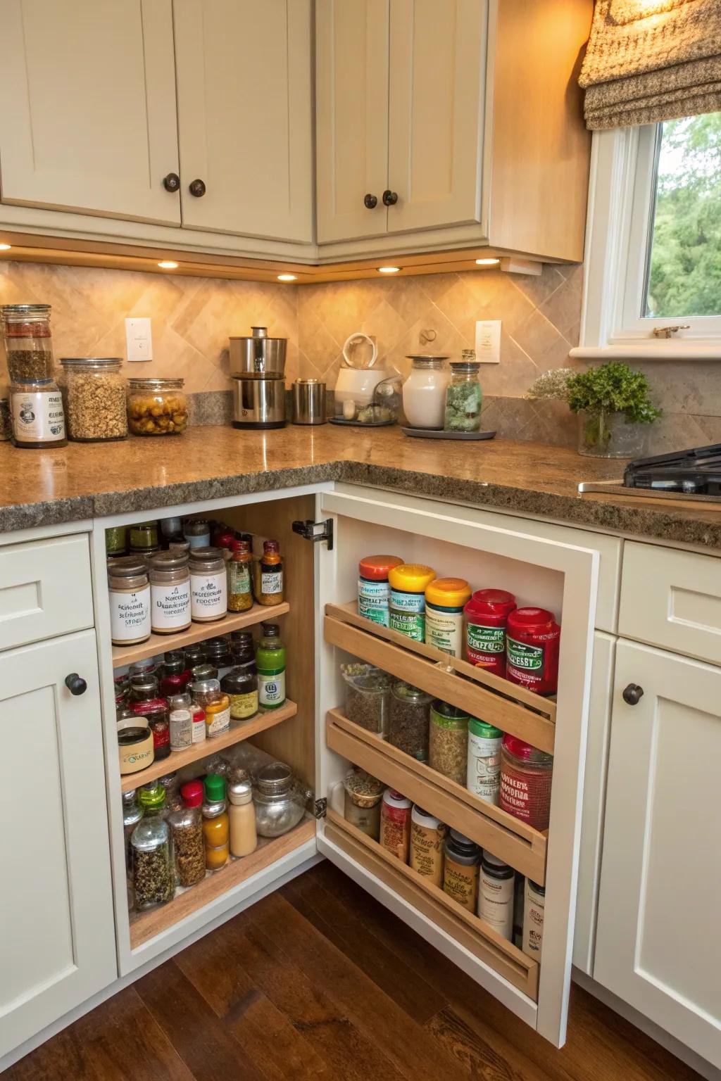 A Lazy Susan cabinet simplifies access to spices and smaller items.