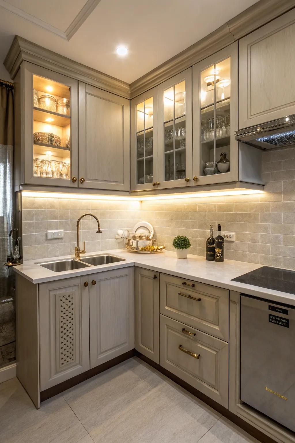 A well-organized kitchen showing off a corner sink that maximizes use of a small area.