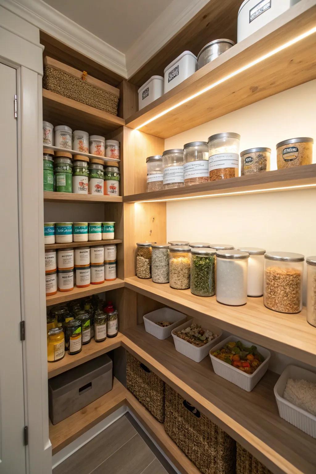 A corner pantry using angled shelving to maximize storage.