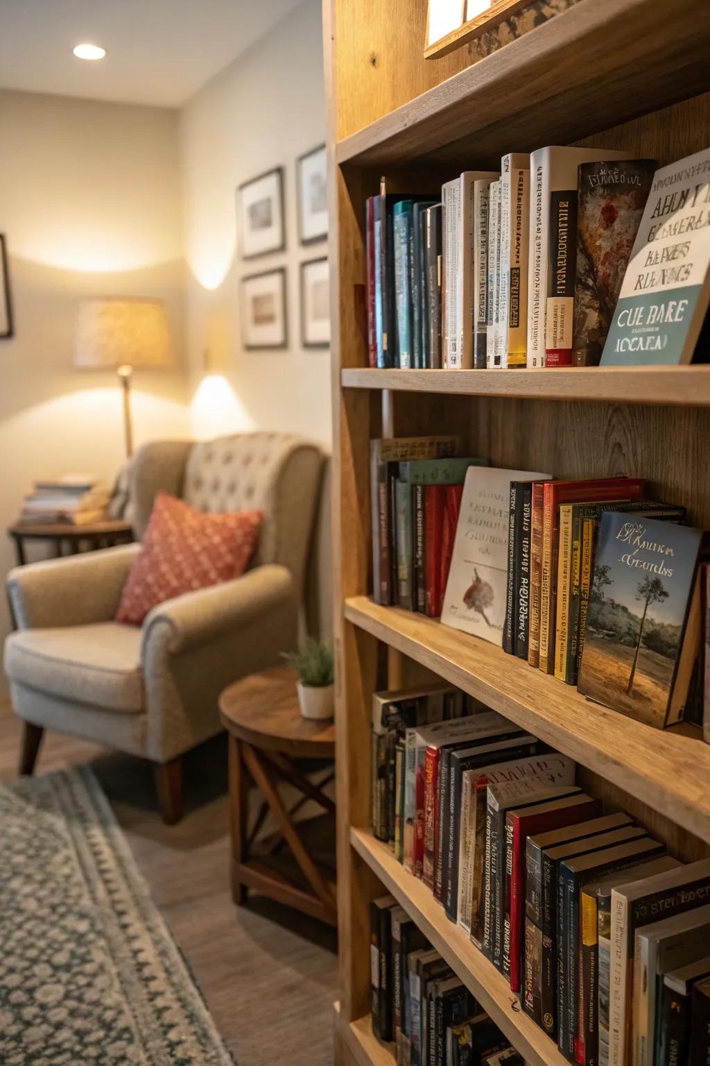 A cozy book nook featuring a corner shelf filled with books.