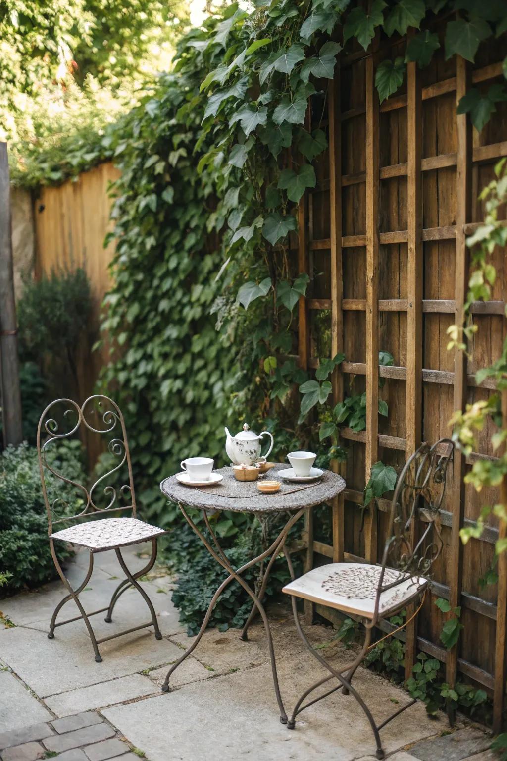 A tranquil garden corner showcasing a climber adorned with ivy alongside a delightful bistro arrangement.