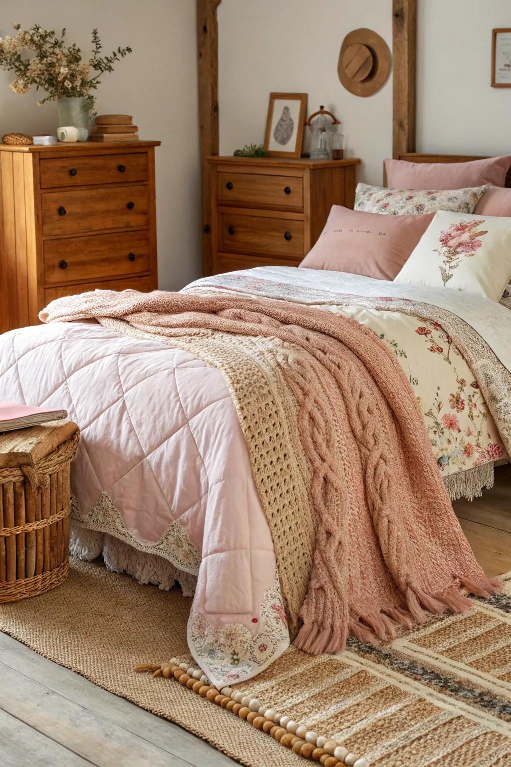 Layers of covers and throws contribute texture and warmth to this bedroom.
