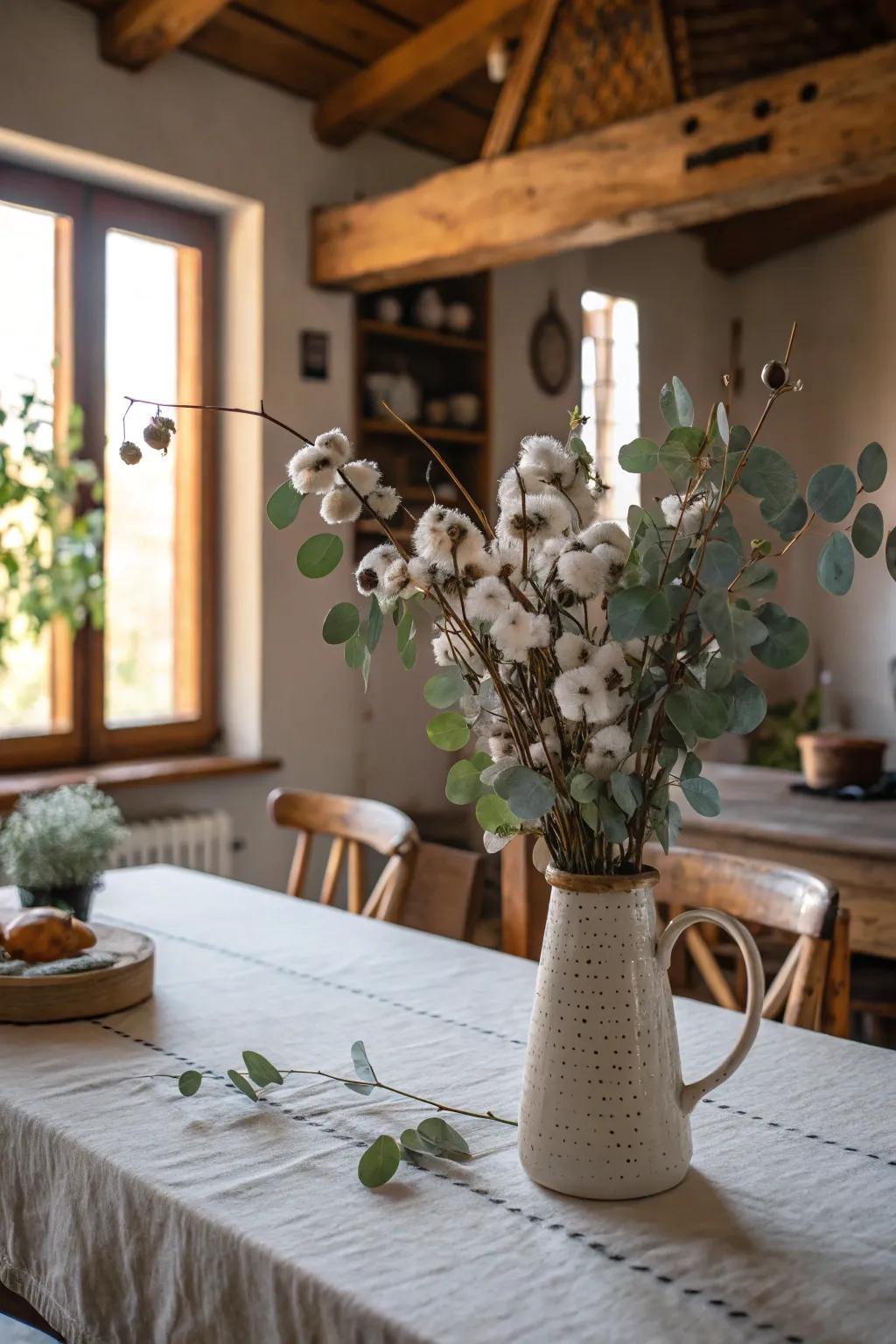 A country-inspired kitchen centerpiece featuring cotton and eucalyptus.