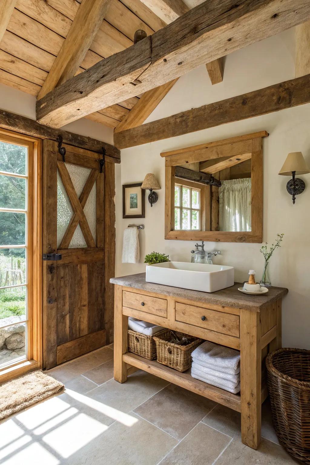 A rustic bathroom demonstrating the charm of natural wood components.
