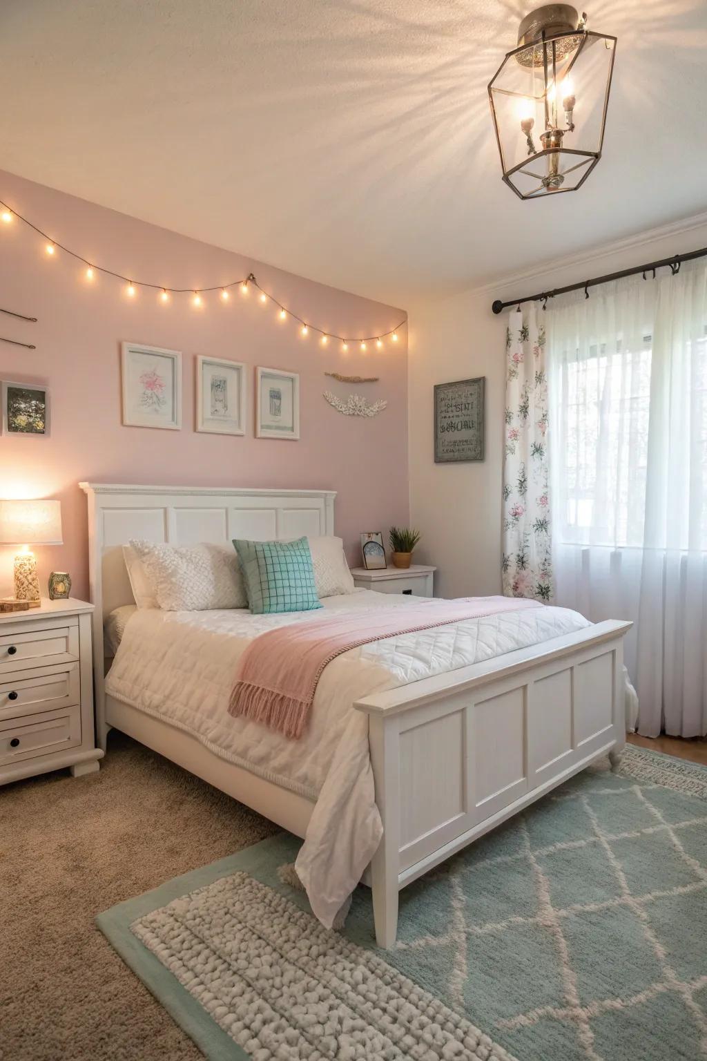 A bedroom in pastel tones creating a peaceful ambiance.
