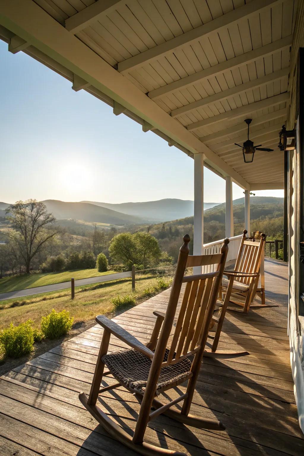 Traditional wooden swinging seats bathed in the soft morning light on a country farmhouse porch.