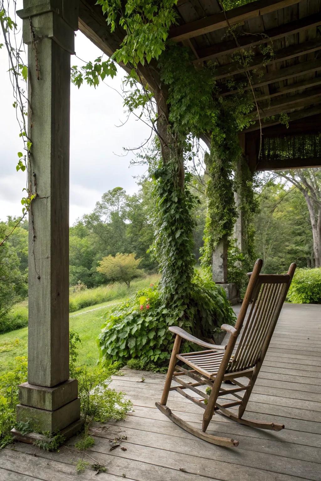 A natural wood rocking chair brings charm to a country porch.