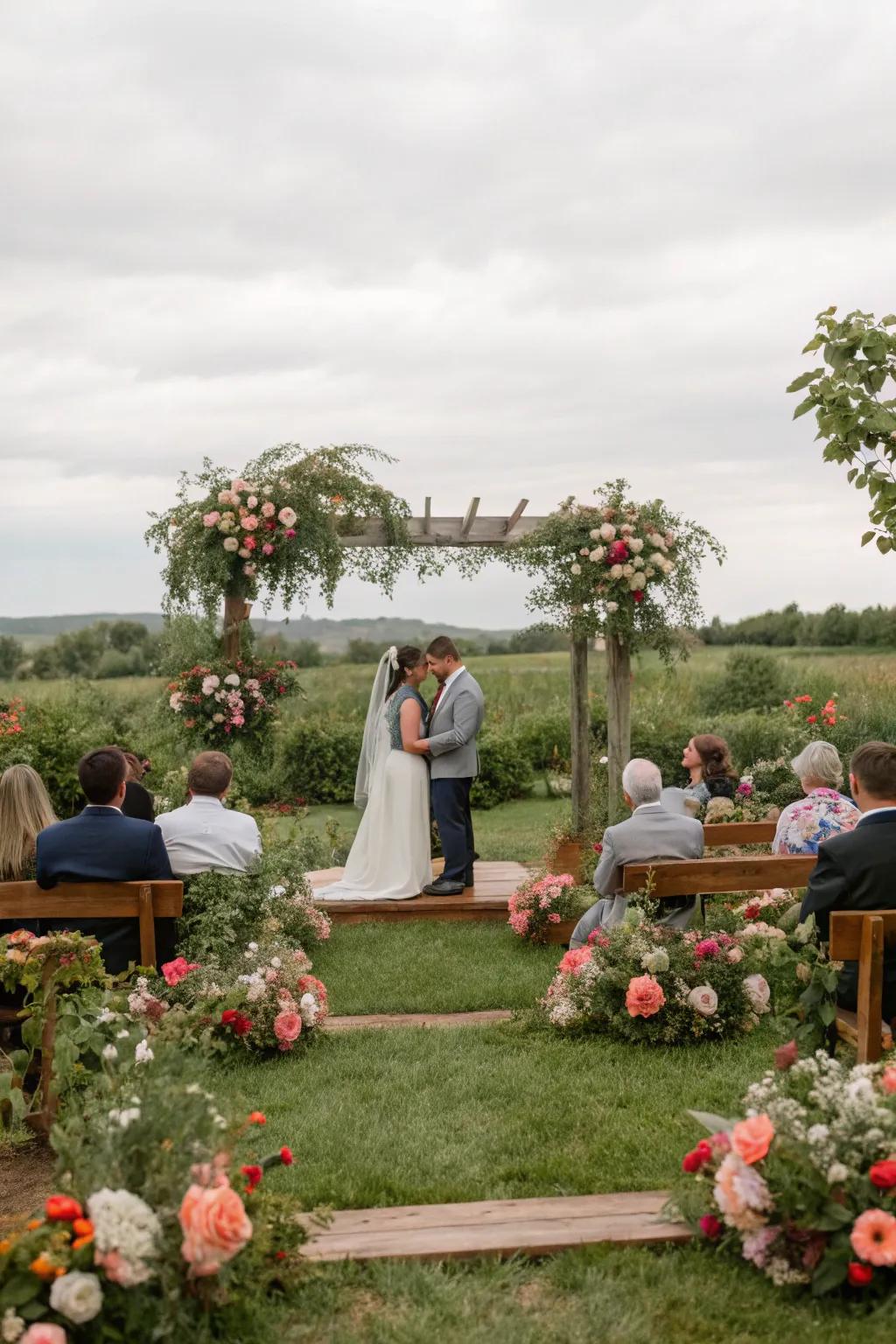 A scenic countryside wedding event arranged in a verdant garden backdrop.