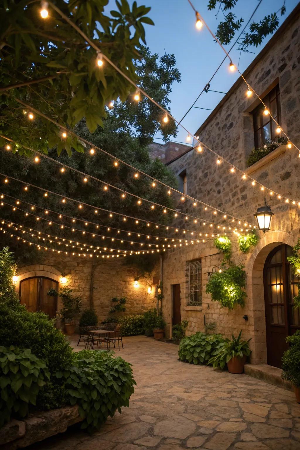 Fairy lights create a celestial effect in a cozy courtyard.
