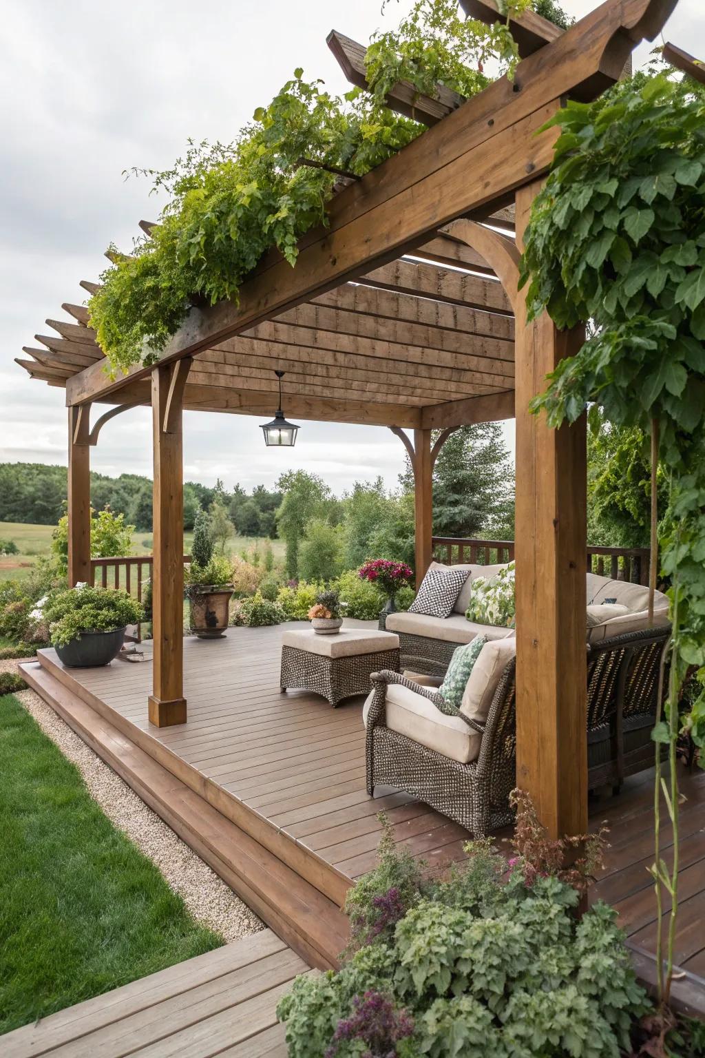 A classic pergola offers shaded comfort with style, fashioning an attractive outdoor lounge space.