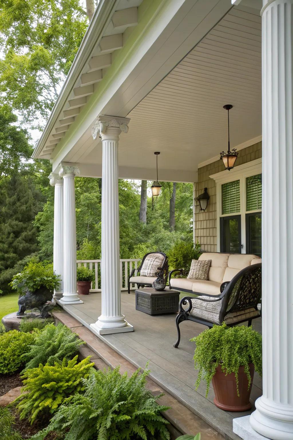 A sloped roof style offers enduring sophistication and functional shelter for your porch.