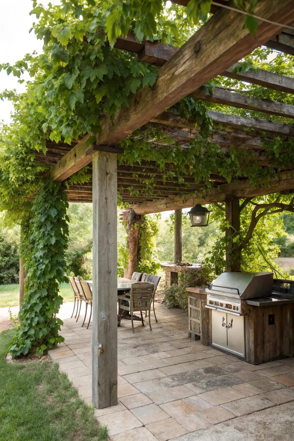 An earthy pergola with climbing plants offering shade over a grilling spot.
