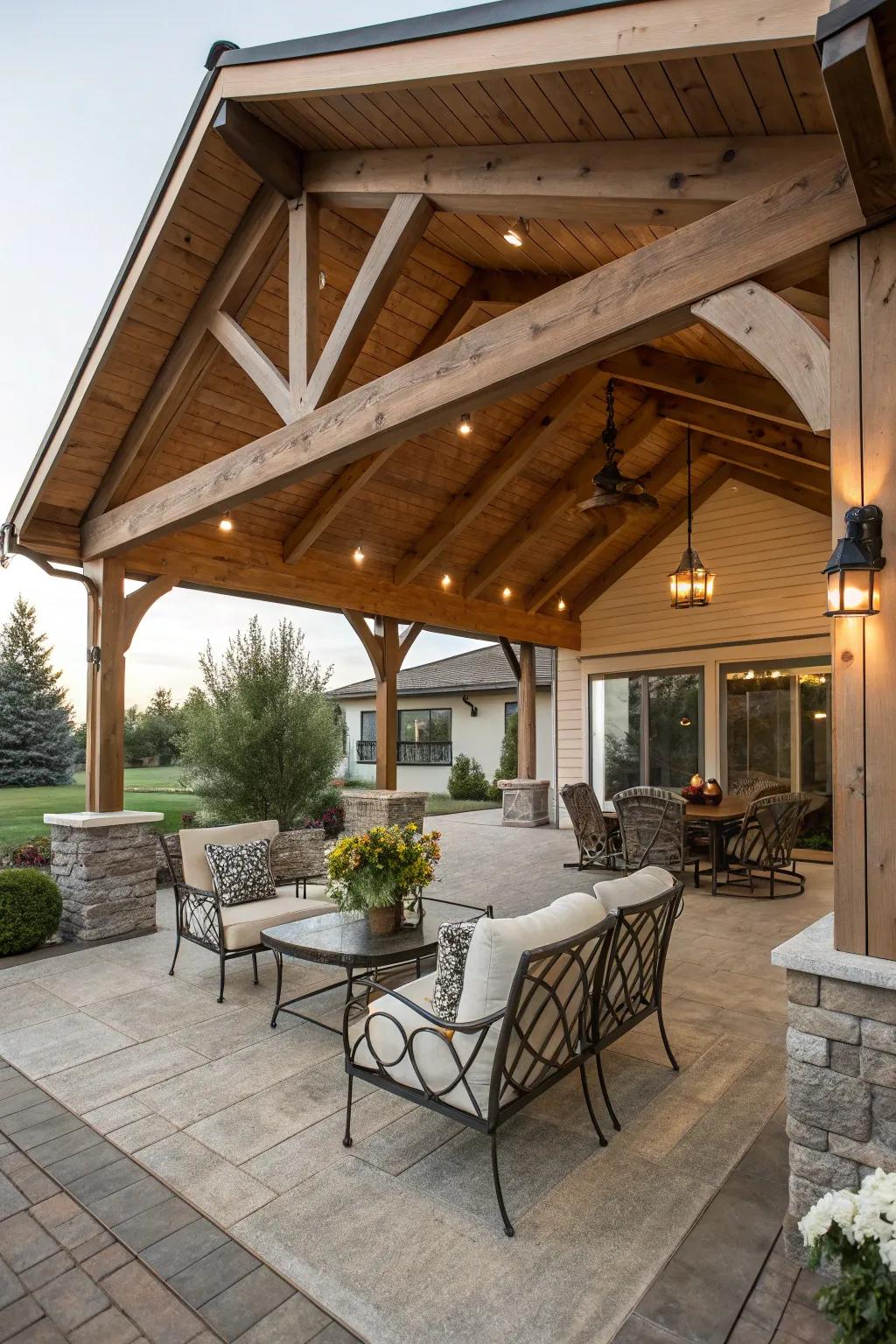 Gable roofs infuse sophistication into any patio setting.