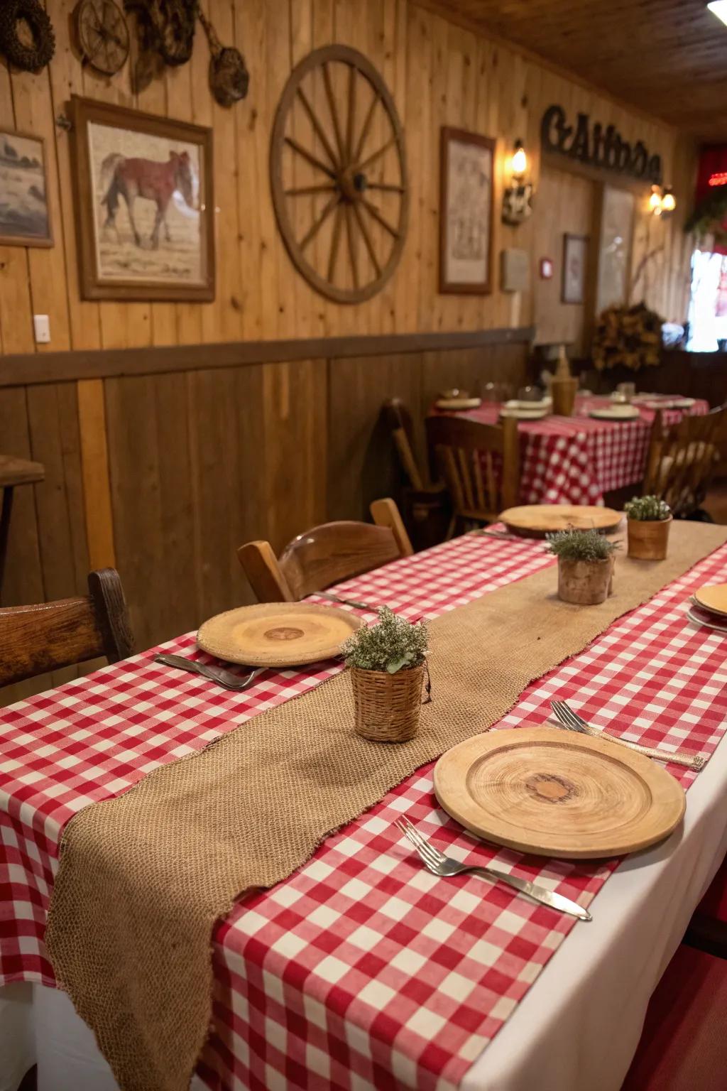 Establish the scene with a classic red gingham tablecloth and rough fabric highlights.