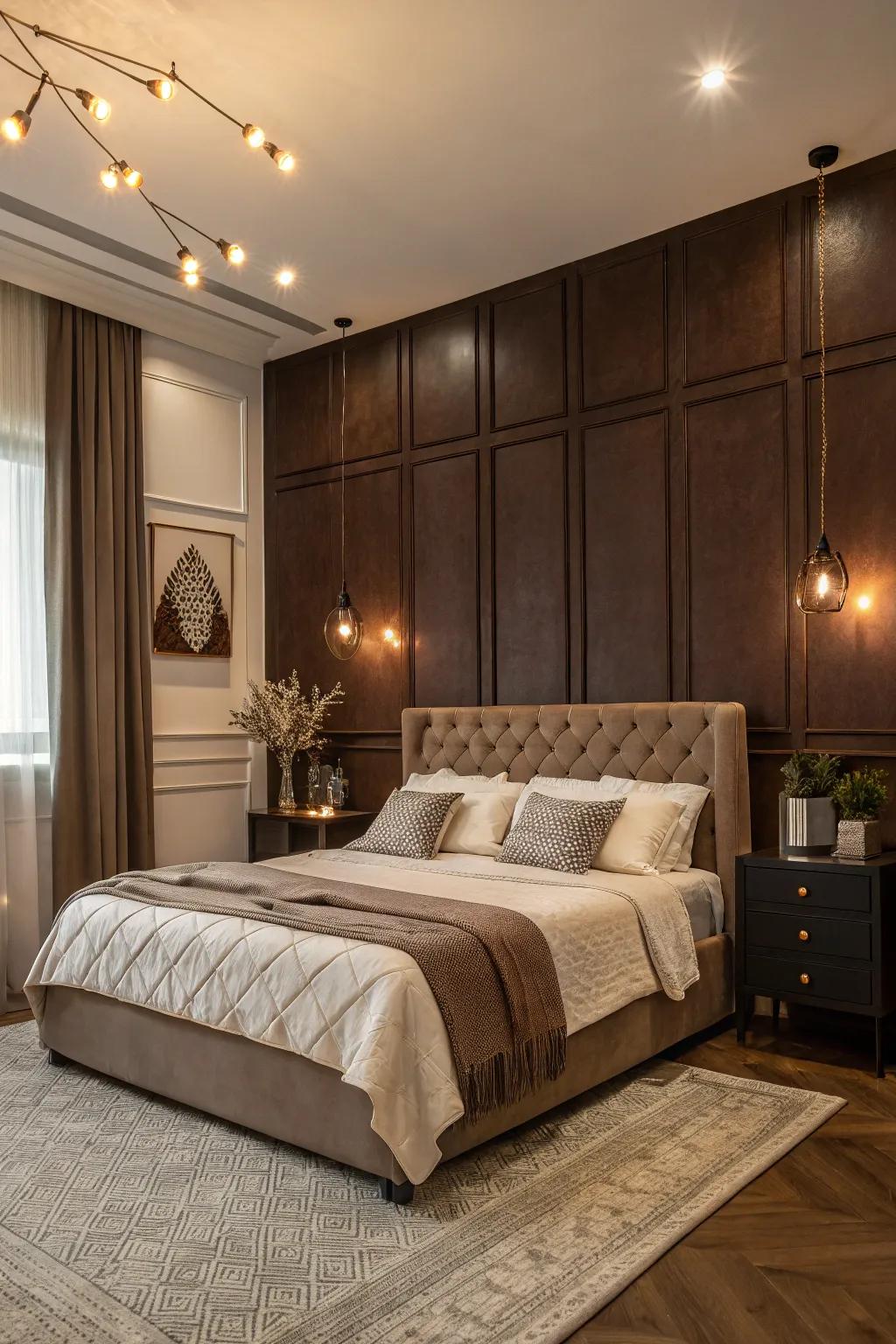 A bedroom showcasing a striking cocoa accent wall, beautifully complemented by light decor.