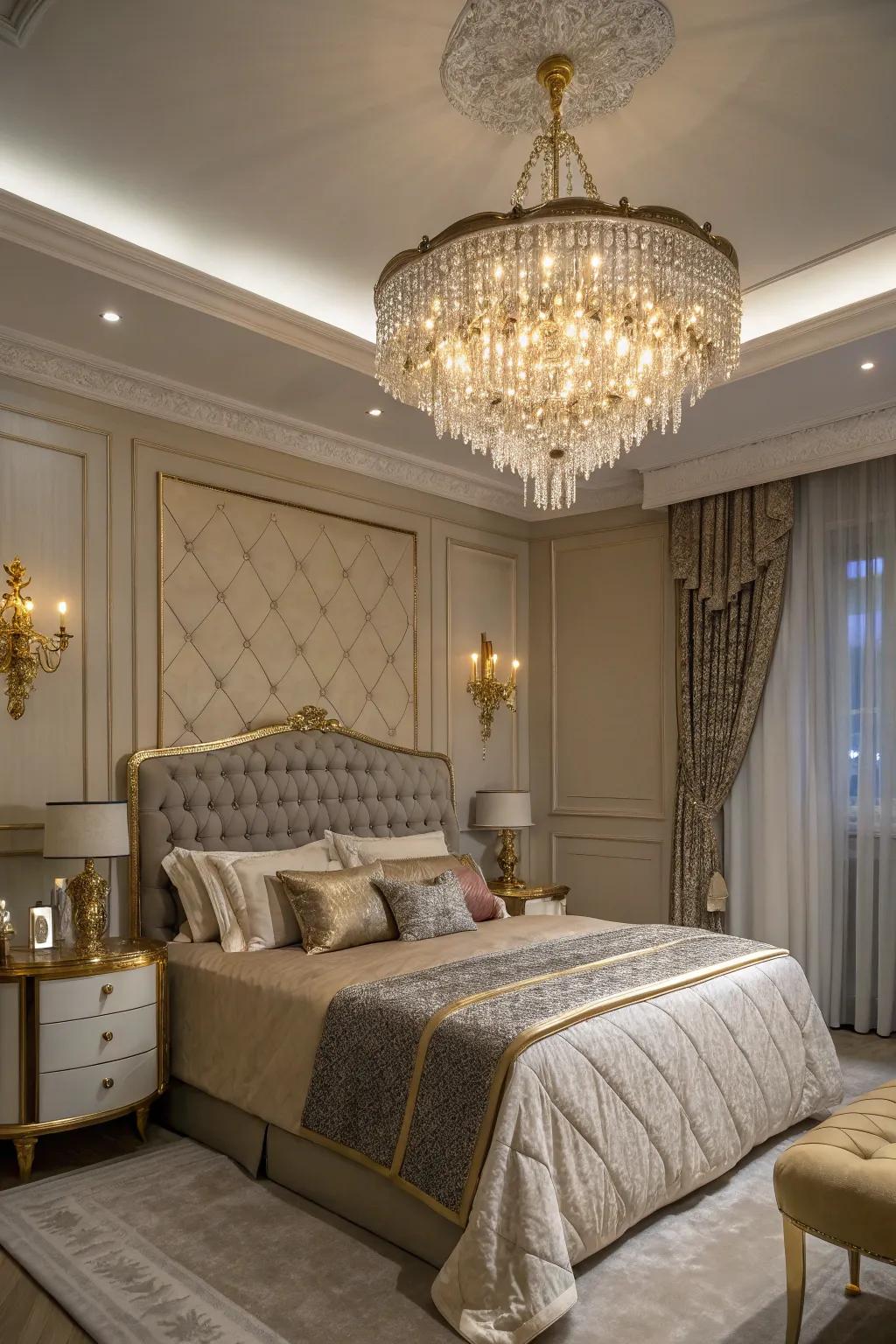 A brilliant hanging light introduces a touch of sophistication and glamour to any bedroom.