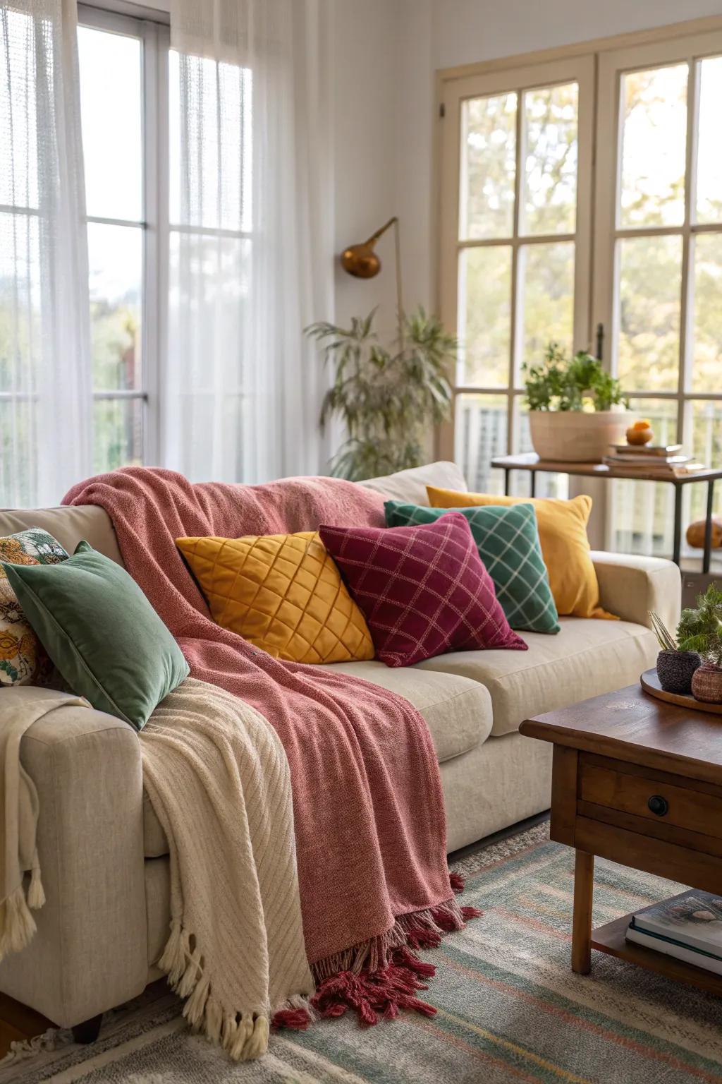 Layer plush cushions and throw blankets to create a soft, inviting space.