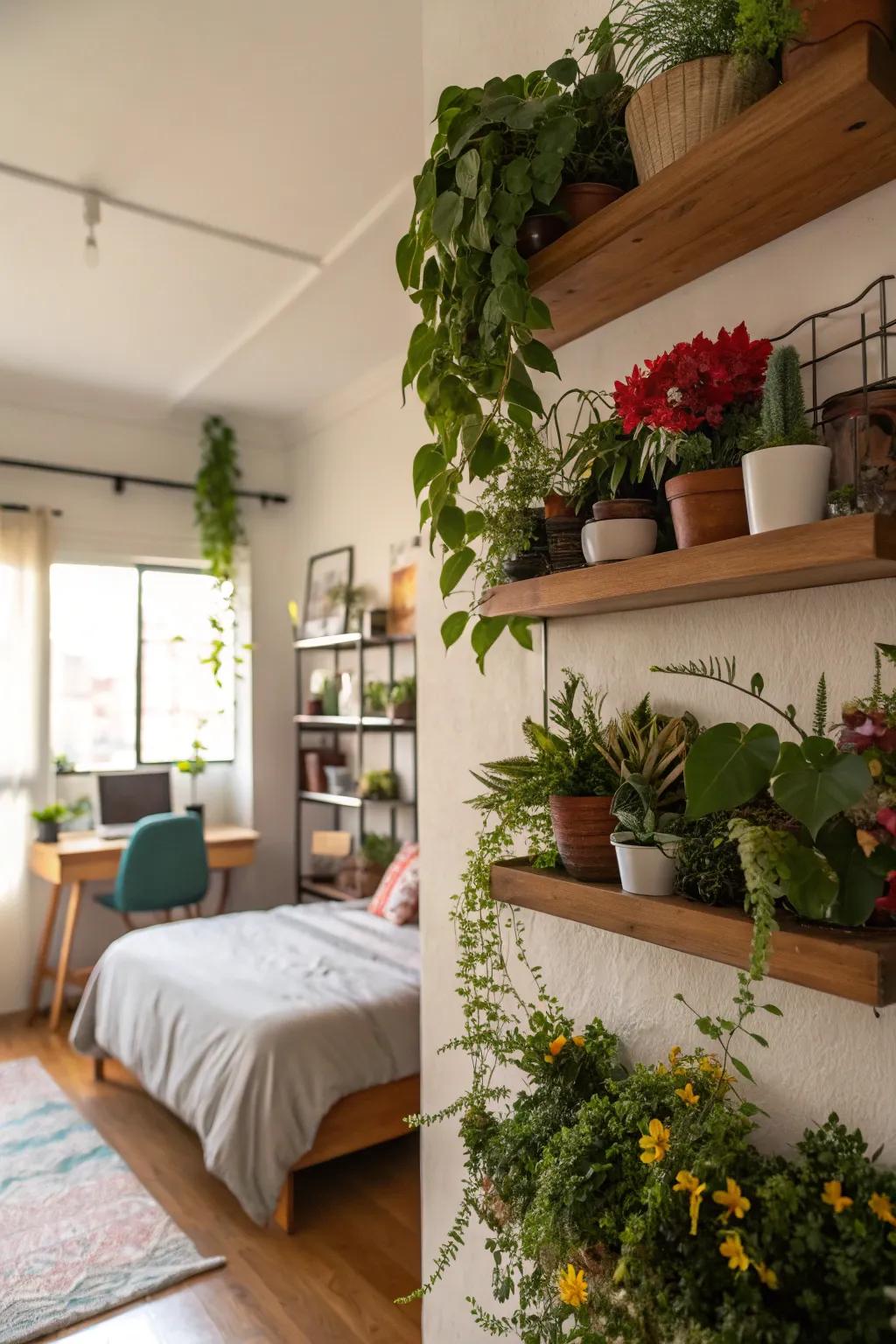 A plant wall infuses an otherwise ordinary bedroom with vibrancy and vitality.