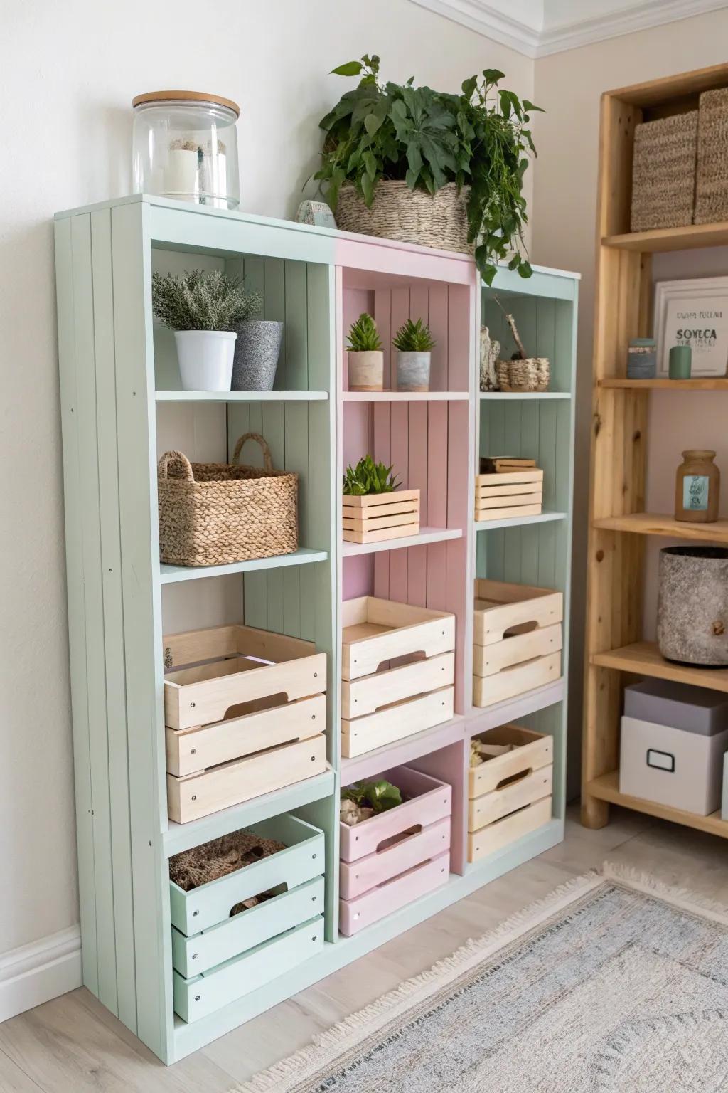 Revamp your craft room with delightful light-toned containers and open shelves for a hint of minimalist style.