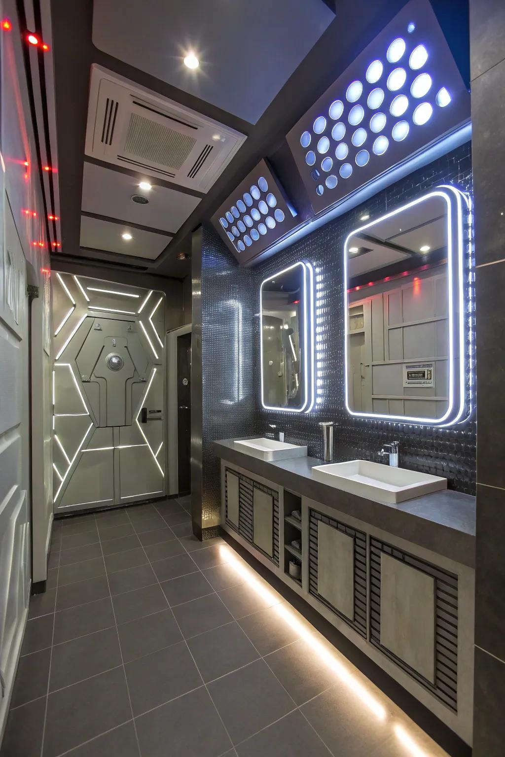 A futuristic bathroom showcasing vibrant LED lighting and metallic details.