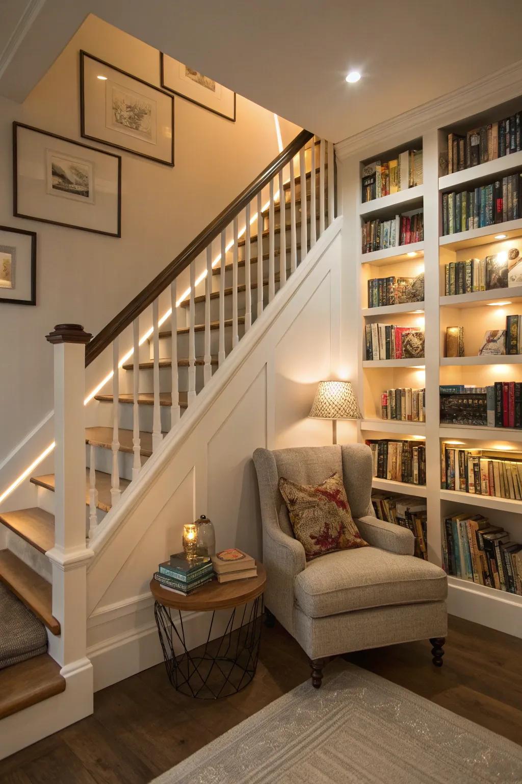Make use of the space under the stairs with a distinctive book display strategy.