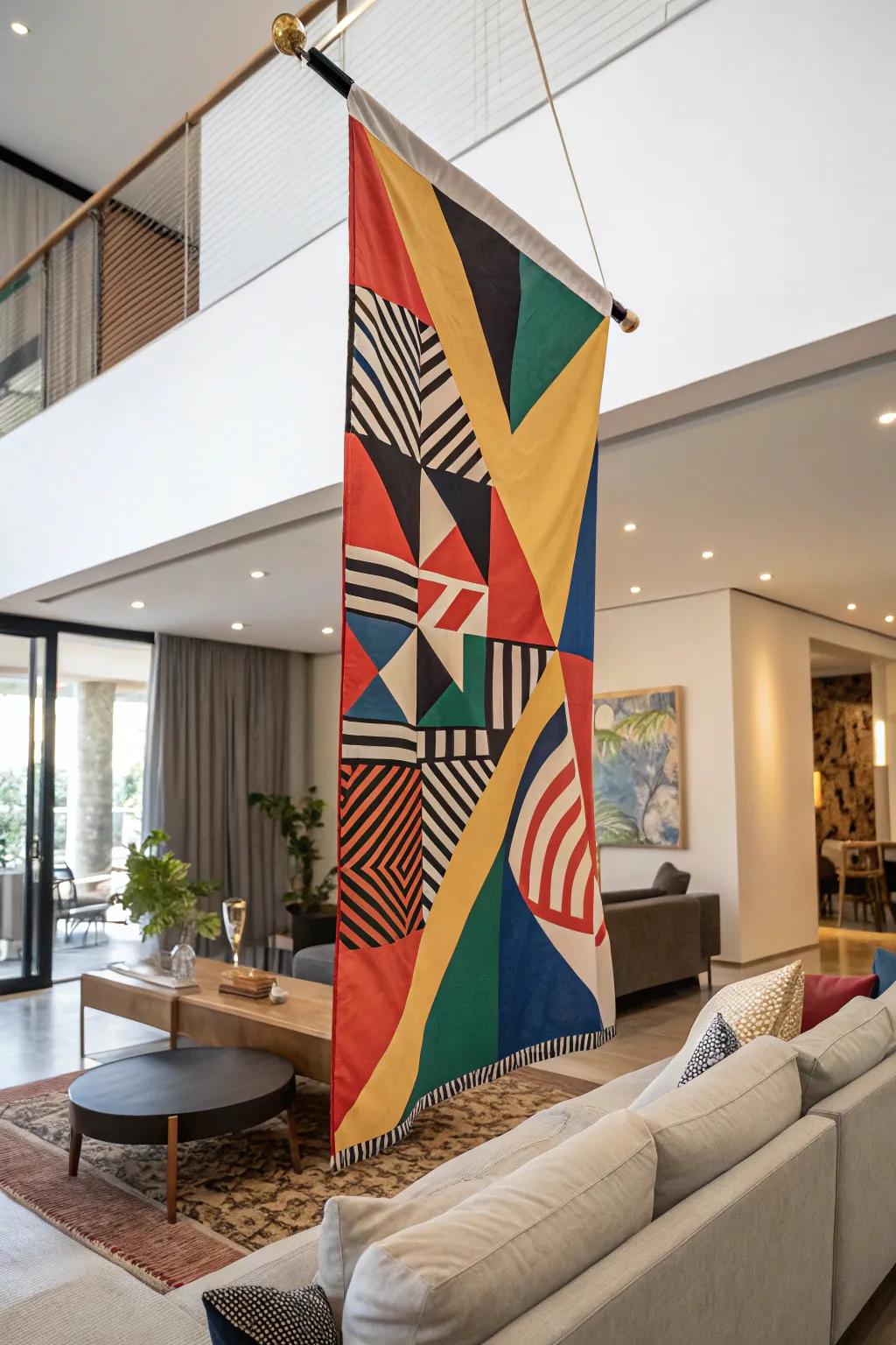 An abstract art flag adds a splash of color and creativity to your living room.