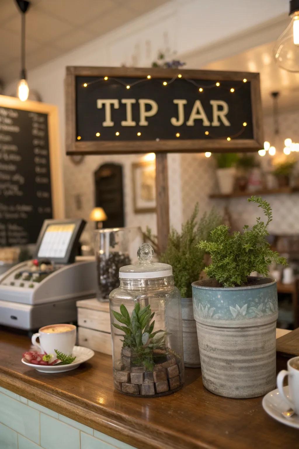 A tip container featuring a classic pun in a cozy coffee shop
