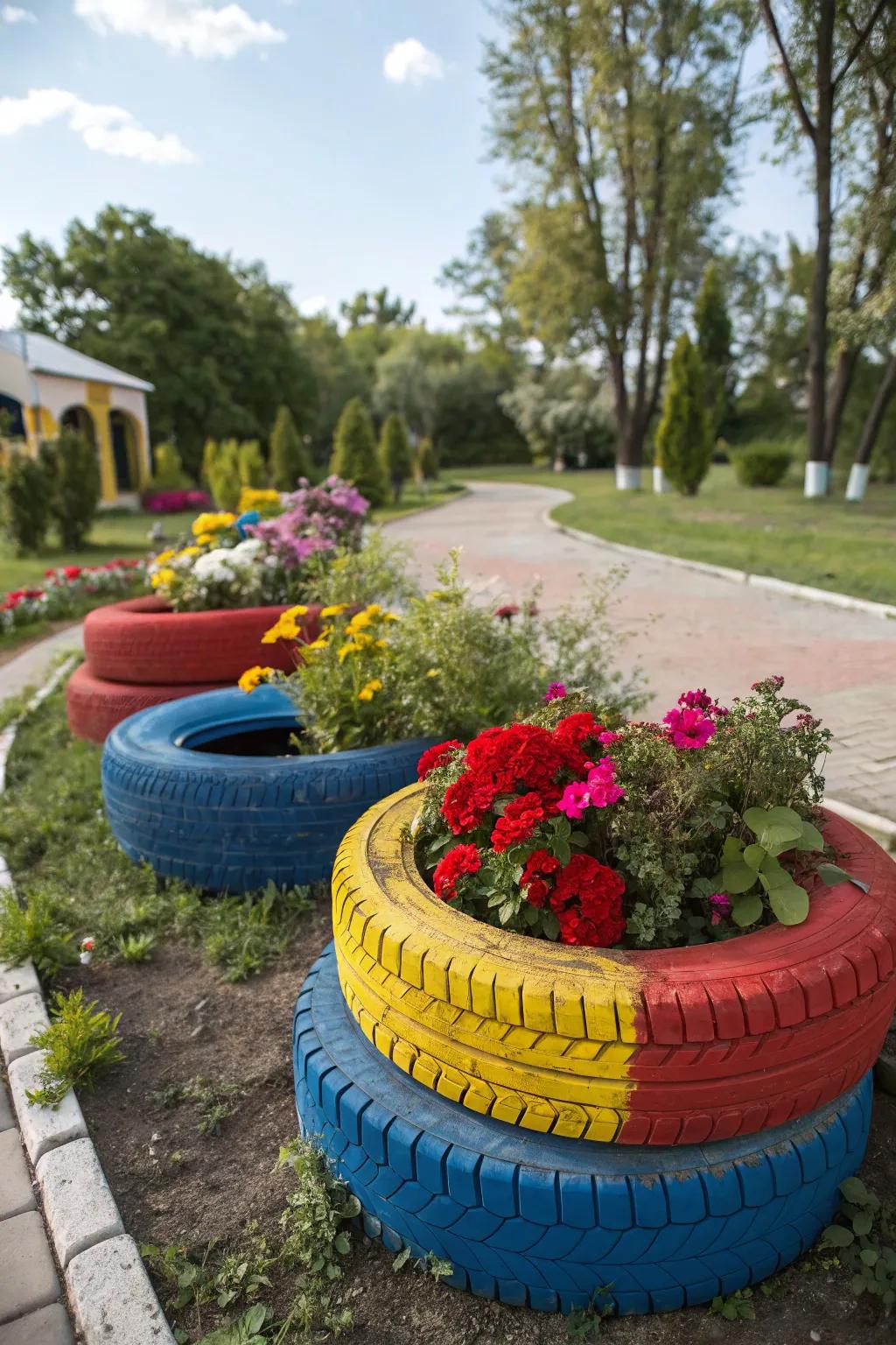 Vibrantly painted tire flower pots introducing a burst of color to the garden.