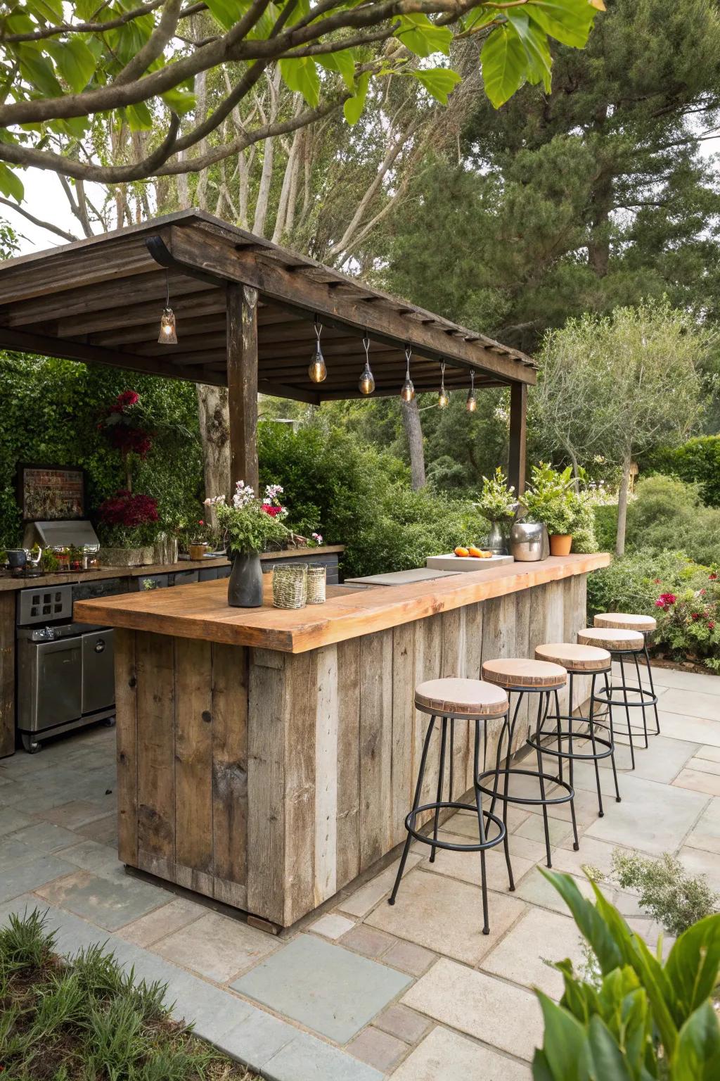 A rustic outdoor bar fashioned from salvaged lumber.