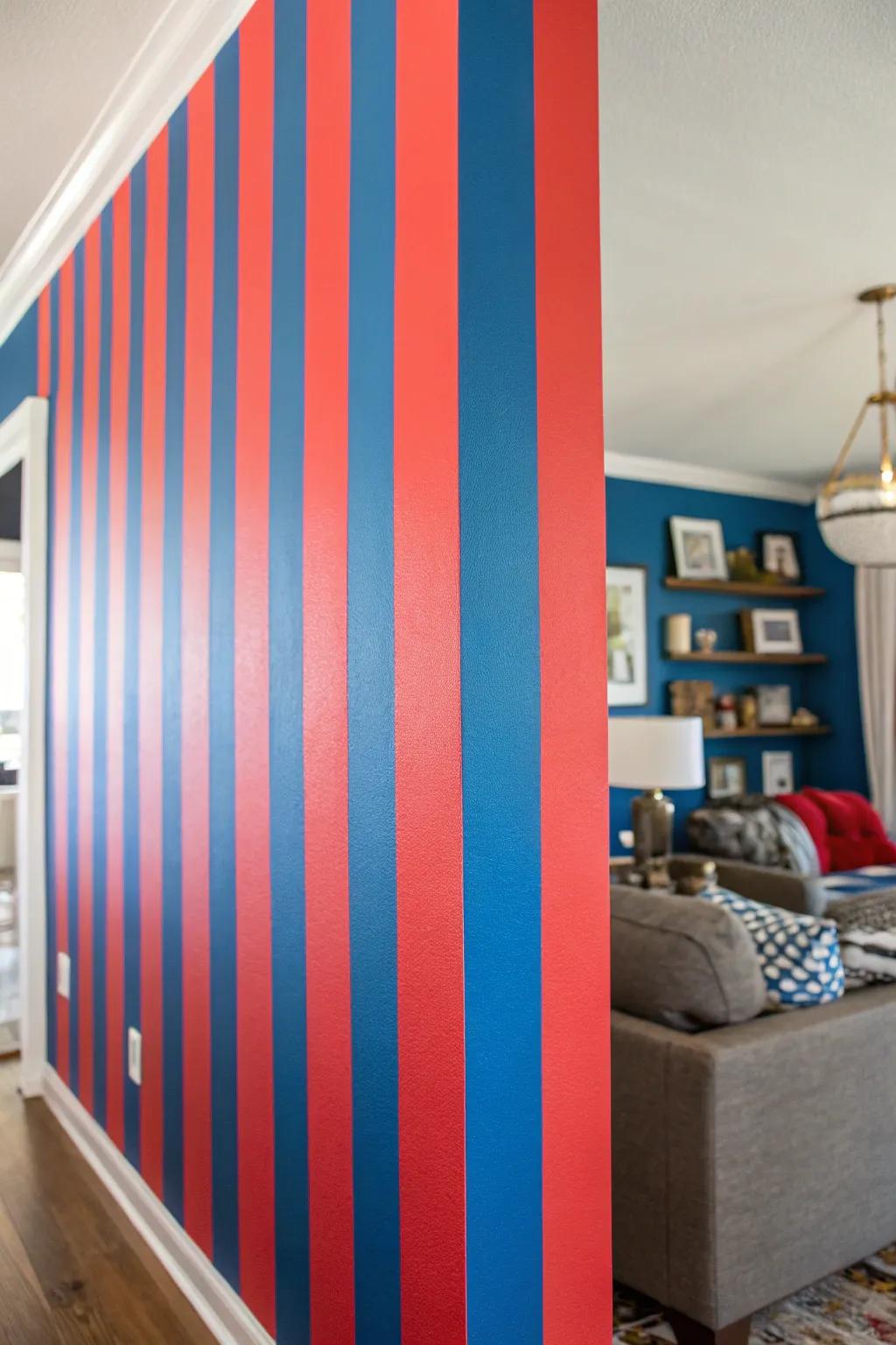 Vibrant blue and red stripes create an energetic vibe.